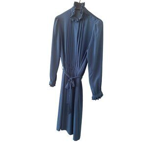 Vintage Ms. Chaus Blue Long-Sleeve Dress Ruffle Collar & Button Details Size 6